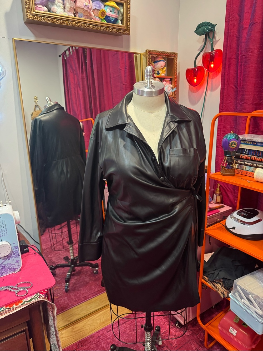 Faux Leather Wrap Detail Shirt Dress